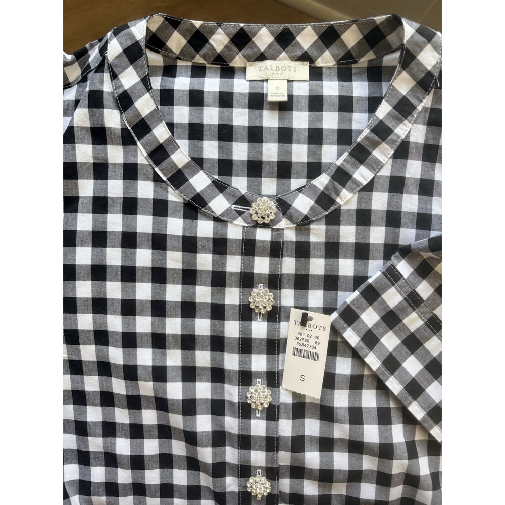 Talbots Small Tunic Top Buffalo‎ Plaid Rhinestone Button Shirt Black White Check